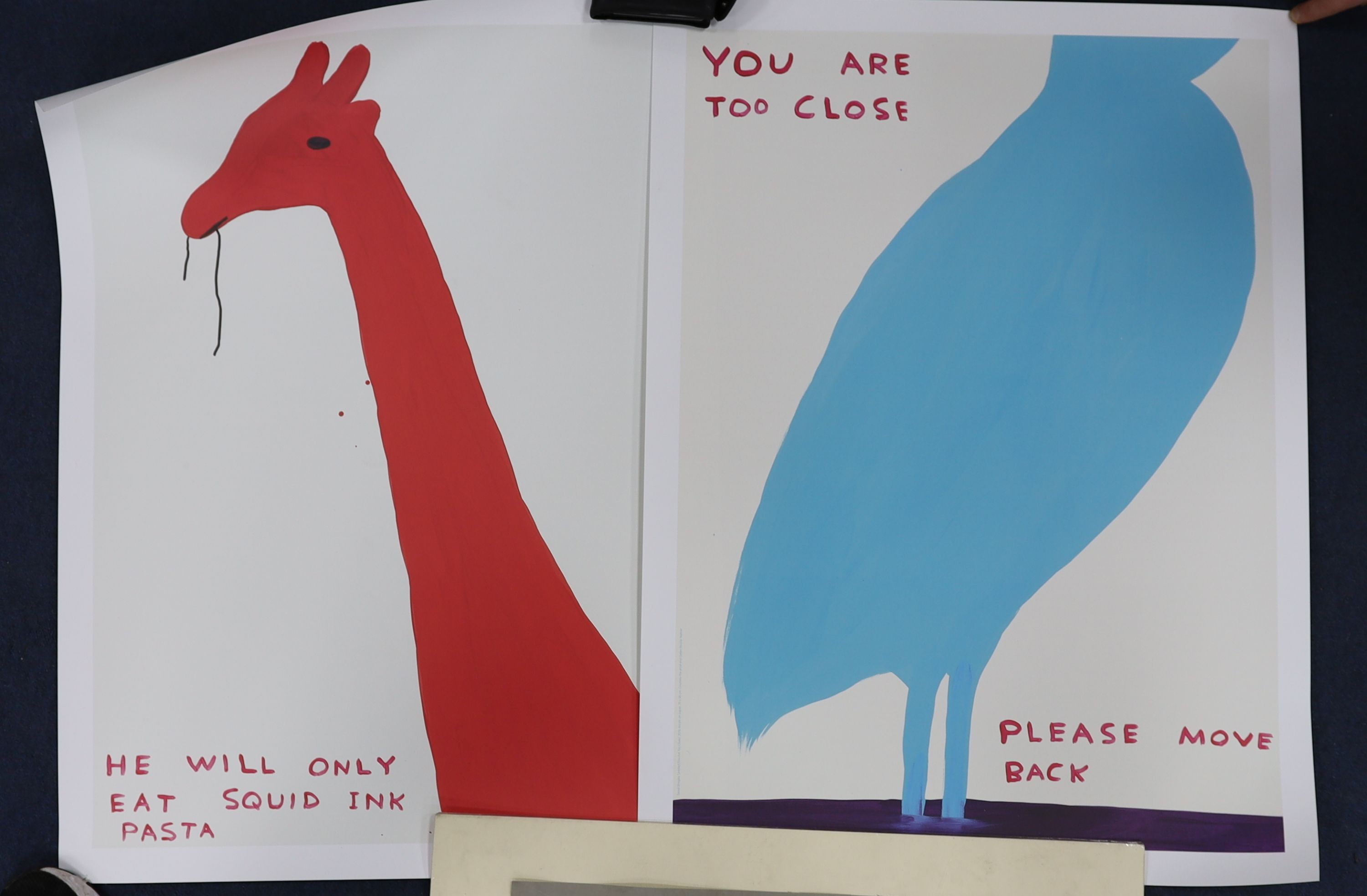 David Shrigley (1968-), two colour prints, 'You are too close' and 'He will only eat squid ink pasta', 80 x 60cm, unframed